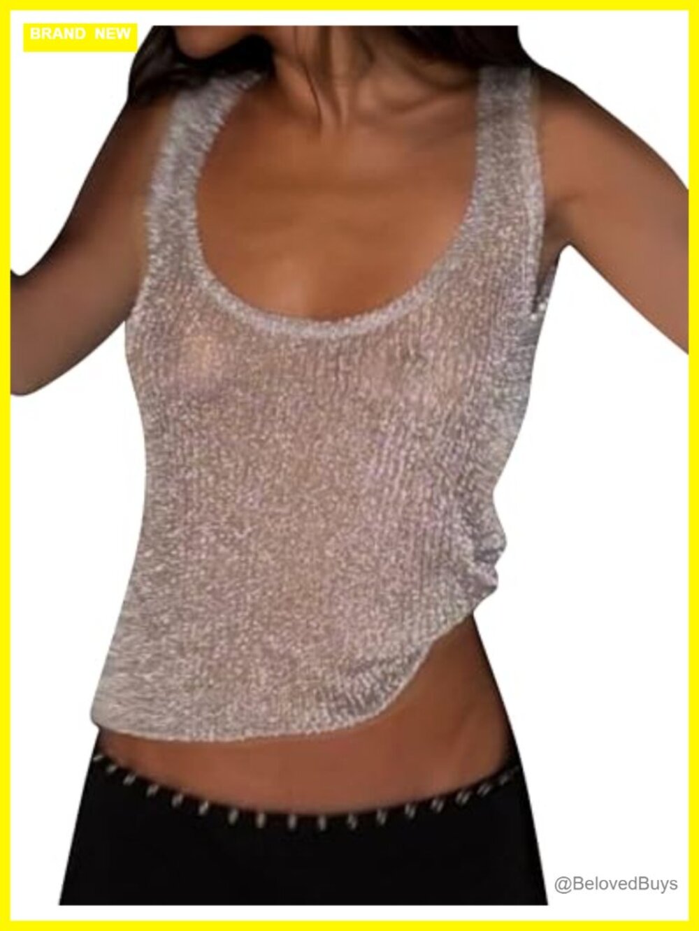 Women Fishnet Knit Glitter Crop Tank Going Out Sheer Mesh Solid Slim Cami Top